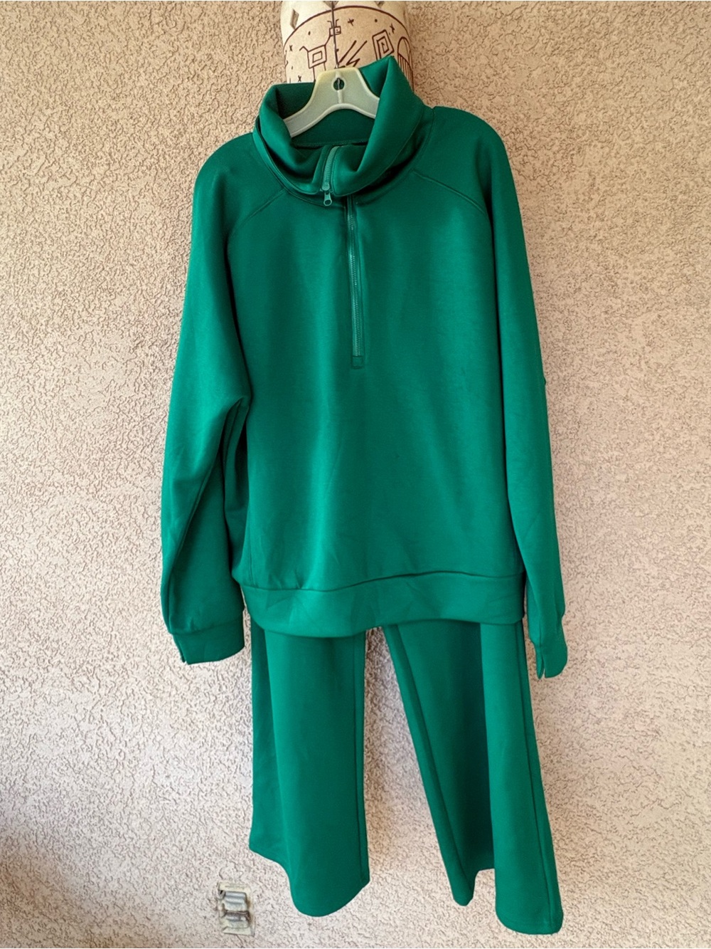 Women's Green Cozy Half-Zip Pullover & Wide-Leg Pants Set